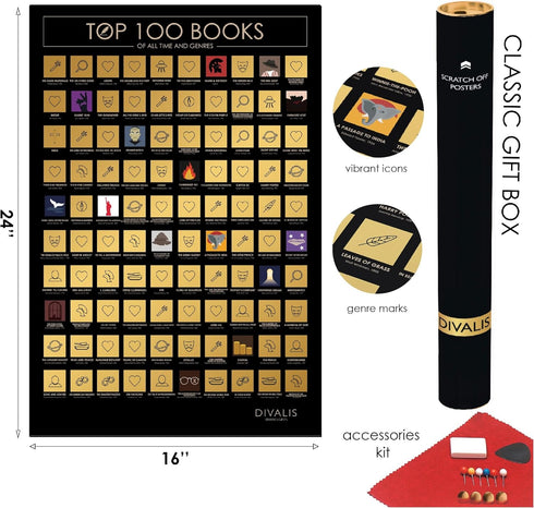 Divalis Scratch Off Poster - 100 Must Read Books of All Times - Reading Bucketlist Chart - Easy to Frame 24x16 - Accessories Included...