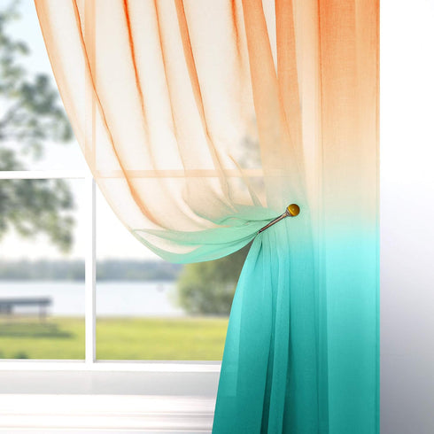 Orange and Green Curtains 63 Inch Length for Bedroom Decor Set 1 Panel Pocket Window Sheer Drape Semi Transparent Sea Turquoise Ombre Sunset Curta...