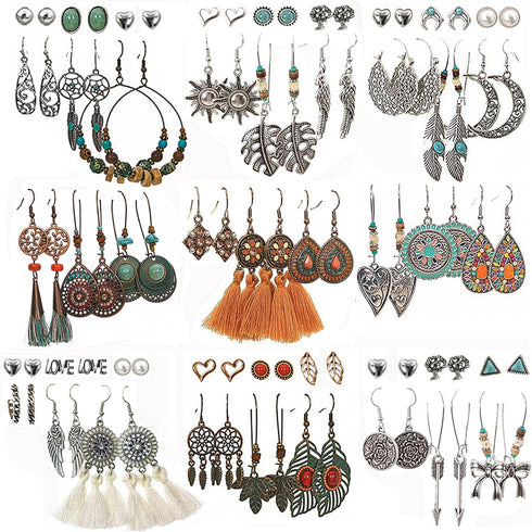 45 Pairs Bohemian Vintage Drop Dangle Earrings Set for Women, Fashion Boho Earrings National Style Tassel Eardrop Hollow Bronze Waterdrop Leaf Jew...