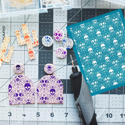 OLYCRAFT 4x5 Inch Skull Clay Stencils Skeleton Non-Adhesive Silk Screen Stencil Skull and Bones Clay Silk Screen Reusable Mesh Transfer for Polyme...