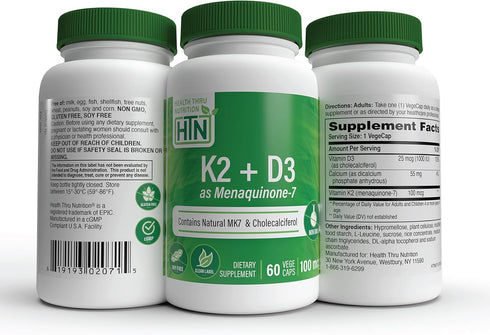 Health Thru Nutrition K2 + D3 Complex | K2 100mcg as Menaquinone 7 MK7 & D3 1,000iu | Strong and Healthy Bone Support | Immune Function |3rd Party...