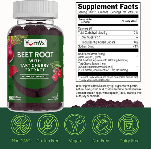 YumVs Beet Root Gummies with Tart Cherry Extract - Berry Flavor Beetroot Gummies - Beet Chews for Blood Circulation and Antioxidant Support - Red ...
