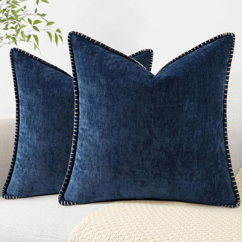 decorUhome Chenille Soft Throw Pillow Covers 18x18 Set of 2, Farmhouse Velvet Neutral Decorative Pillow Covers with Stitched Edge for Couch Sofa B...
