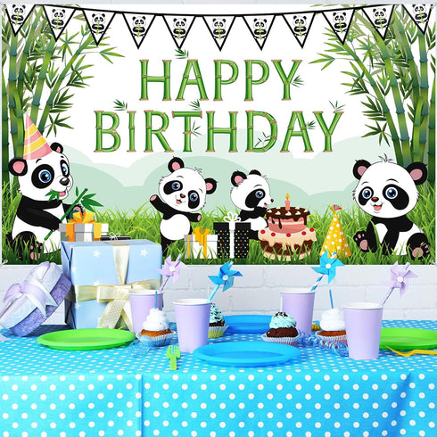 Cartoon Panda Birthday Decorations Panda Backdrop for Party Supplies Animal Themed Banner Green Bamboo Background Baby Shower Photo Background Kid...