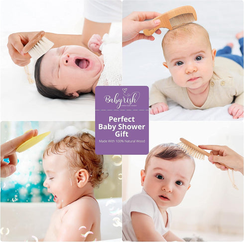 Baby Brush Set for Newborn - Baby Hair Brush with Soft Goat Hair Bristles - Wooden Toddler Hair Brush with Baby Comb, Massage Brush & Cradle Cap B...