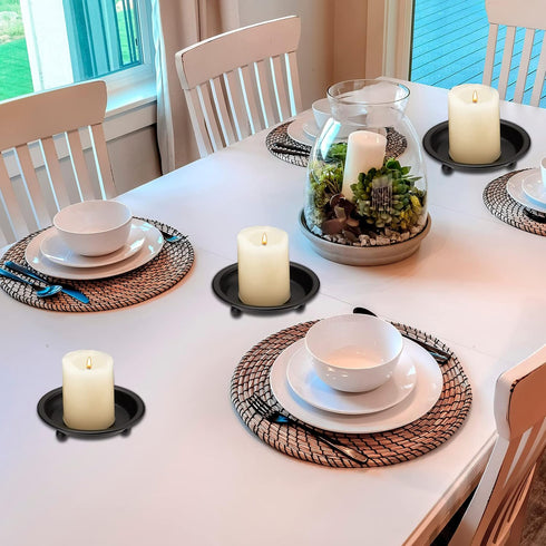 4 Pieces Matte Black Iron Candle Plate Decorative Saucer Style Candle Holder Tray Metal Pedestal Candle Stand for Christmas Table Centerpiece Wedd...