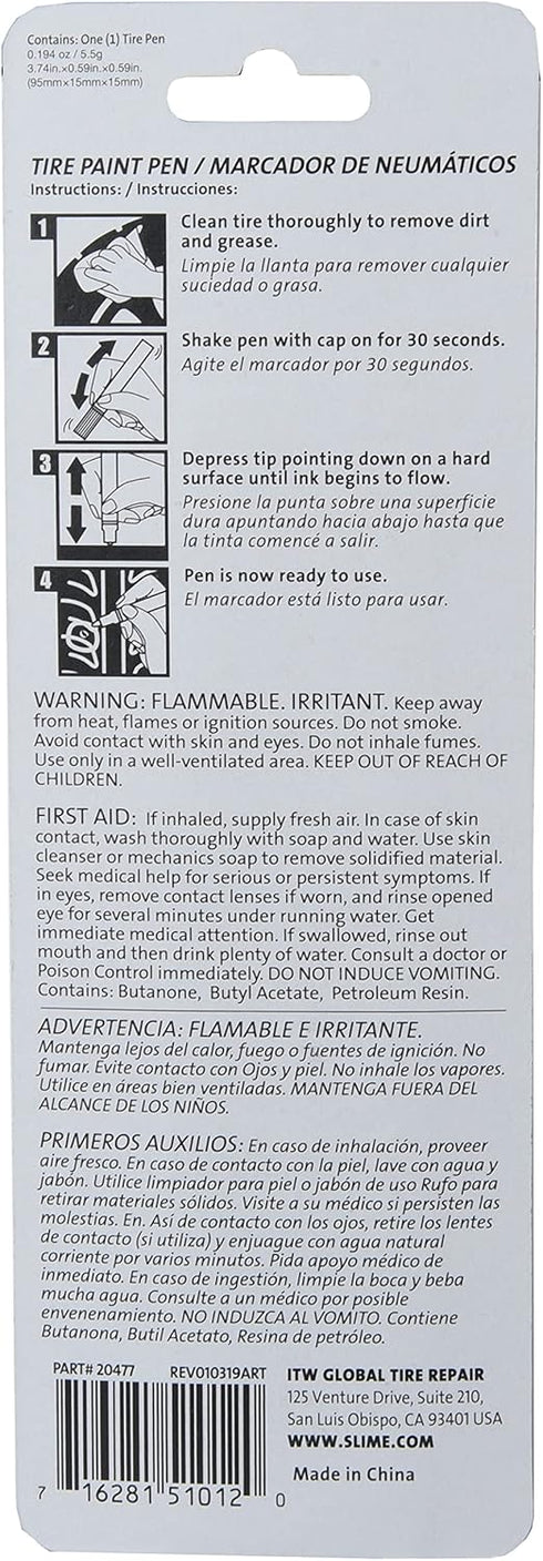Slime 20477 Tire Paint Pen, White, UV Protected, works on tubes and tires...