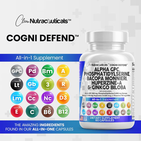 Clean Nutraceuticals Alpha GPC Choline 300mg Phosphatidylserine 3000mg Bacopa Monnieri 6000mg Ginkgo Biloba 2000mg Huperzine A 400mcg Supplement w...