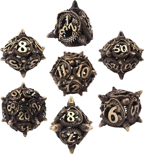 AUSTOR Metal DND Dice Set Dragon DND Hollow Metal Dice 7 Pieces Polyhedral Dice D20 D12 D10 D% D8 D6 D4 Dice with Metal Box for Dungeons & Dragons...