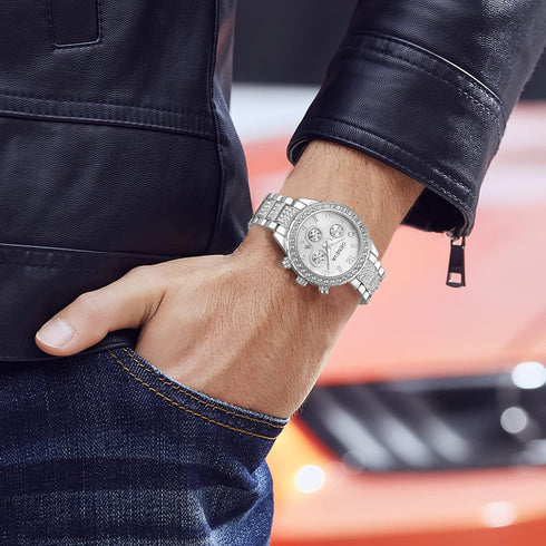 FANMIS Luxury Unisex Pave Floating Crystal Diamonds Calendar Analog Quartz Watch Luminous Pointer with Stainless Steel Link Bracelet...