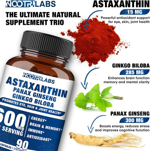 Astaxanthin 15mg + Panax Ginseng, Ginkgo Biloba Supplements, 90 Vegan Capsules, Promotes Eye, Skin, Joint Health Energy, Cardiovascular Support + ...