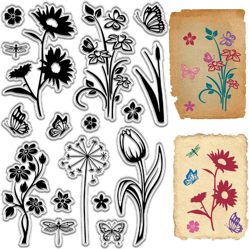 CRASPIRE Flower Clear Stamps Butterfly Tulip Plant Dragonfly Reusable Background Postmark Transparent Silicone Stamp Seals for Journaling Card Mak...