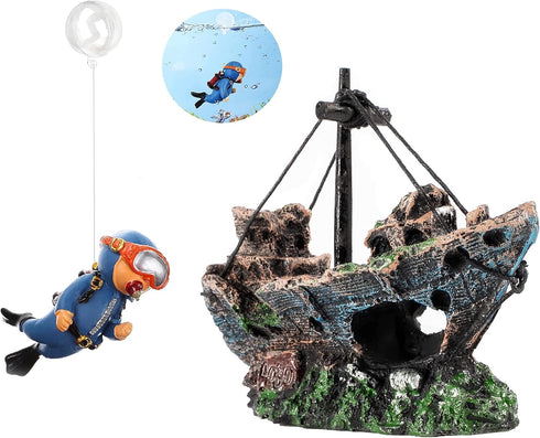 Aquarium Shipwreck Decoration + Little Diver Floating Fish Tank Decoration, Fish Tank Hideout, Fish Tank Ornaments (Shipwreck)...