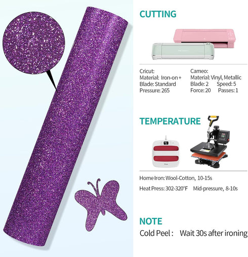 VINYL FROG Glitter HTV Vinyl Heat Transfer Vinyl Roll 12" x 5ft Purple Iron on Vinyl Glitter Heat Press Vinyl for T-Shirts Works with All Cutter M...
