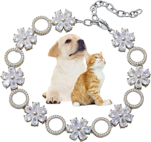 Dog Chain Collar Cubic Zironia Bling Collar for Puppy Kitty Gold Adjustable Cat Collar with Iced Out Crystal Stones Sun Flower (Silver, 10")...