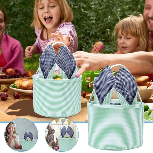 Easter Bunny Basket Seersucker Egg Bags for Kids,Personalized Candy Egg Basket Rabbit Print Buckets with Fluffy Tail Gifts Bags for Easter?Seersuc...