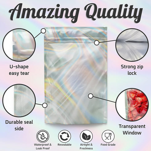 Resealable STANDUP Mylar Hologram Metallic Amazing Bags 4 * 4.7 inches. 100 Pk – Airtight, Waterproof, Zip Lock/heat seal-Opaque Foil Pouch. Food ...