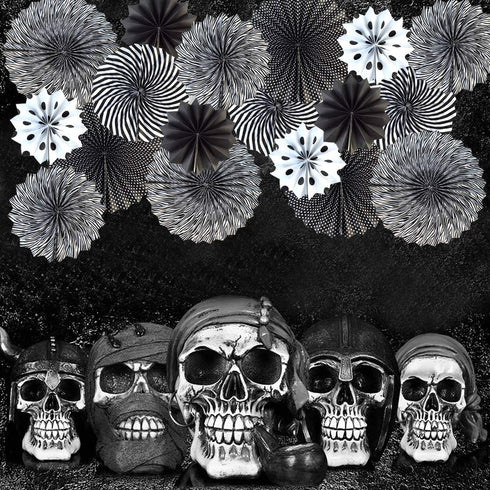 18pcs Party Hanging Paper Fans Set Black White Round Paper Fans Decorative Pattern Folding Fan Halloween Hanging Garlands for Halloween Birthday W...