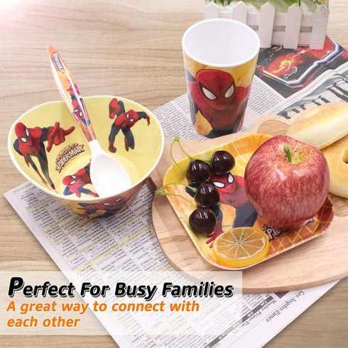 4 Pcs Set Cartoon Durable Tableware Meal Dishes Mealtime Food Feeding Eating Set includes Dinner Serving Bowl Plate Cup with a Matching Spoon and ...