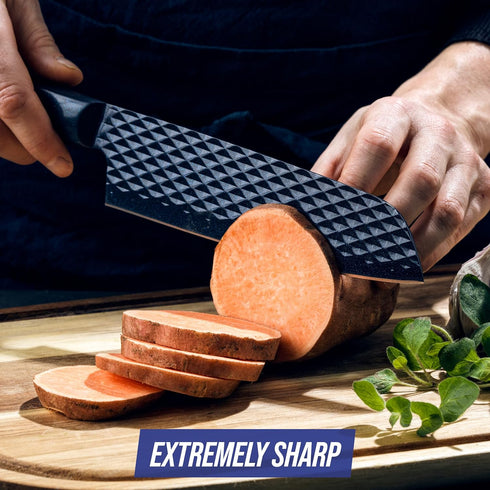 Blue Diamond Sharp Stone Nonstick Stainless Steel Cutlery, 7" Santoku Knife with Cover, Diamond Texture Blade, Dishwasher Safe Knives, Blue...