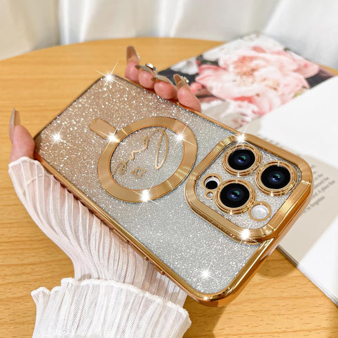 Fiyart Designed for iPhone 15 Pro Max Case,Compatible with MagSafe Love Heart Plating Camera Protection Clear Phone Case, Magnetic Glitter for Wom...