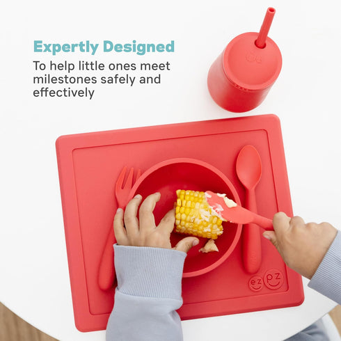 ezpz Happy Utensils - 24 Months+ (Coral) - BPA Free Toddler Utensils - Fork, Spoon and Knife for Toddlers and Preschoolers - Kids Utensils for Sel...