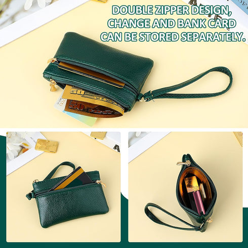Women's Leather Coin Purse, Small Coin Purse for Women, Small Zipper Coin Purse with Double Zipper Detachable Wrist Strap Coin Purse for Women Coi...