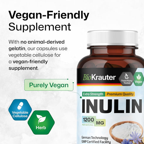 BIO KRAUTER Inulin Powder Capsules - Inulin Prebiotic Fiber 1200 mg Strength - 100 Count - Pure Soluble Fiber Supplements - Chicory Root Fiber Cap...
