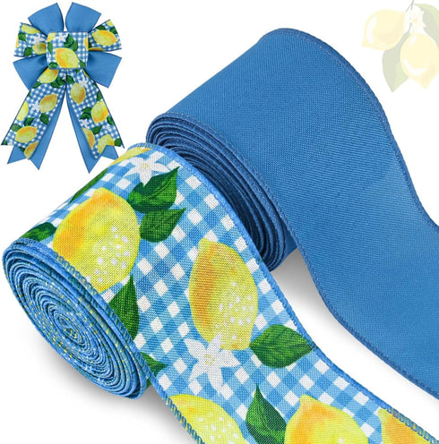 2 Rolls 20 Yards Blue Tile Lemon Wired Edge Ribbon Yellow Summer Fruit Flower Printed Fabric Ribbon for Baby Shower Birthday for Gift Wrapping Wre...