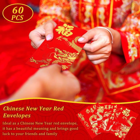 60 Pcs Chinese New Year Red Envelopes 2024 Chinese Red Envelopes Chinese New Year Hong Bao Chinese Red Pocket Lunar New Year of Dragon Lucky Money...