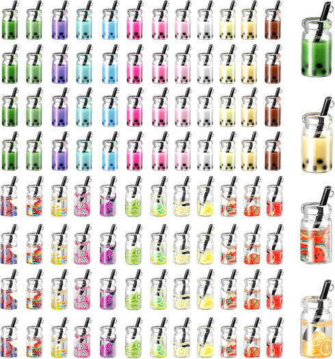 Hicarer 104 Pcs Milk Tea Charms Mini Colorful Bottle Charms Fruit Juice Pendant for DIY Jewelry Craft Earring Keychain...