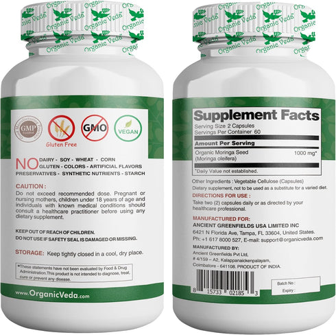 Organic Veda Moringa Seed Capsules, 1000mg - 100% Natural Moringa Seed Powder with Nutrients, Antioxidants, Vitamins, Minerals & Enzymes - Glowing...
