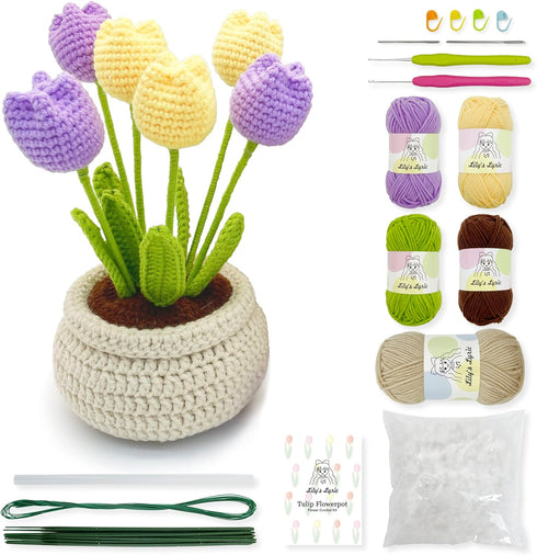 Lily's Lyric Flower Crochet Kit | Tulip Flowerpot | Step-by-Step Video Tutorial for Adults Teenagers | DIY Home Decoration Craft Gift Idea Purple&...