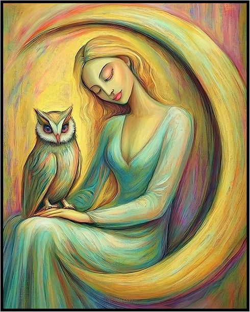 Posterizer 1 pcs-serene woman on crescent moon with an owl-oil painting style-2-Collectibles & Fine Art-Fantasy & Fiction Art-Decor for Home & Off...