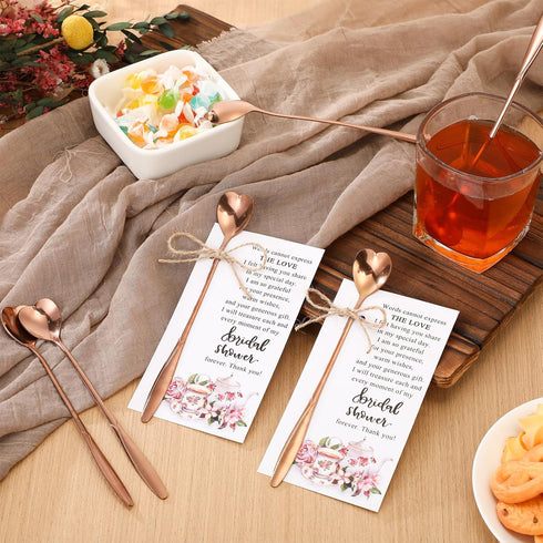 25 Sets Tea Party Bridal Shower Favors Mini Coffee Spoons Small Tea Spoons Heart Shaped Spoon with Bridal Shower Thank You Cards and Hemp Rope Wed...