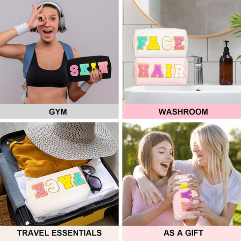 ZAUGONTW 3 Pcs Preppy Makeup Bags, Chenille Letter Bag Patch Makeup Bag, Face Skin Hair Cosmetic Bag with Zipper Patches Makeup Organizer Bag Set ...