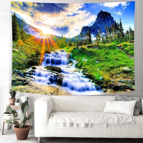 Delur Mountain Waterfall Tapestry Sunset Forest Tapestry Tree Nature Landscape Tapestry Rainforest Scenery Tropical Tapestry Psychedelic Wall Hang...