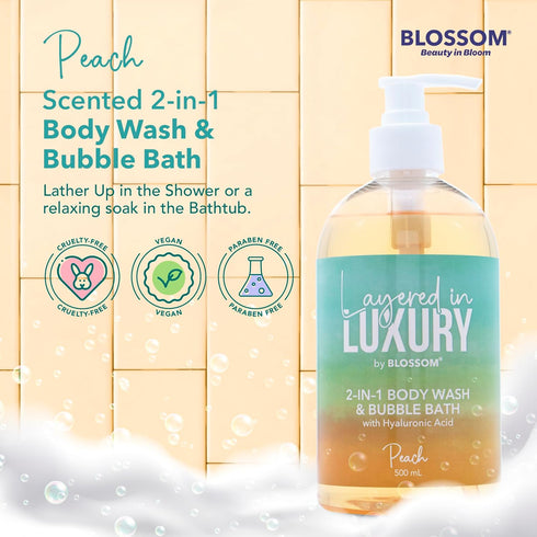 Blossom Layered In Luxury 2-in-1 Scented Body Wash & Bubble Bath with Hyaluronic Acid, Liquid Bath Gel Body Cleanser with Pump for Dry, Sensitive ...