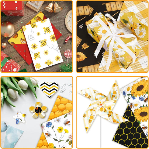 Konsait 24 Sheets Bee Scrapbook Paper 12x12 Yellow Pattern Paper Double Sided Scrapbook Paper Craft Paper for DIY Bee Tissue Paper Bee Birthday Pa...