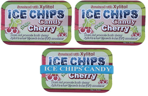 ICE CHIPS Xylitol Candy Tins (Sour Cherry, 3 Pack) 5.28 oz total - Includes BAND as shown...