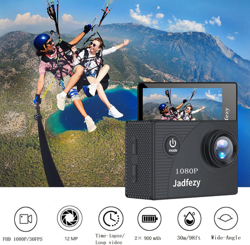 Action Camera FHD 1080P 12MP, 98FT/30M Underwater Waterproof Camera with 2 Batteries, Wide Angle Sports Camera with Accessories Kit Suitable for H...