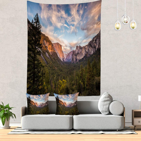 Batmerry Yosemite Tapestry, Green Valley Mountain Landscape Blue Nature Beautiful Forest Picnic Mat Hippie Trippy Tapestry Wall Art Decor for Bedr...