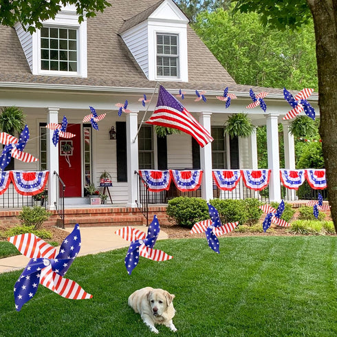 4th of July Patriotic Decorations, 40 Pcs Pinwheels with 2x33-Ft Ropes Memorial Day Fourth of July Independence Red Blue and White Star Stripe Str...