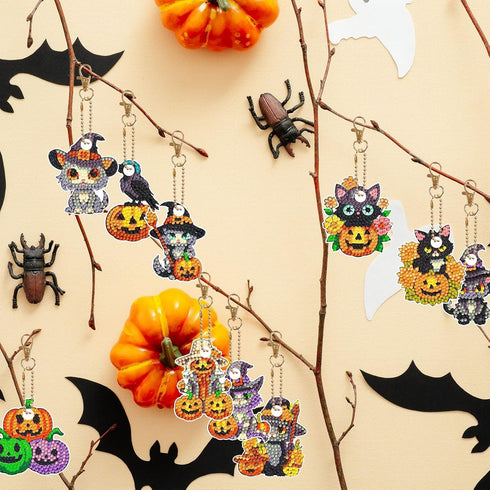 12 Pcs Halloween Cat Diamond Keychains Kit Double Sided DIY Cute Halloween Cat Diamond Keychains for Beginners Adults Art Craft Supplies Holiday G...