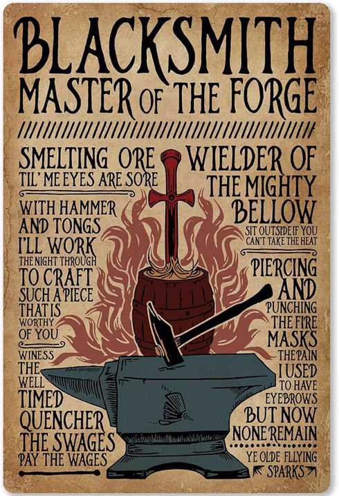 JIUFOTK Blacksmith Knowledge Metal Sign Blacksmith Master of The Forge Retro Infographic Poster Club Kitchen Cafe Bar Plaque 12x17 Inches...