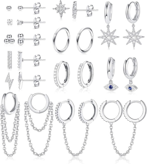 IRONBOX 12Pairs 14K Gold Plated Huggie Hoop Studs Earrings Set for Women Small Dainty Minimalist Chain Earrings Cartilage CZ Ball Earring Sets for...
