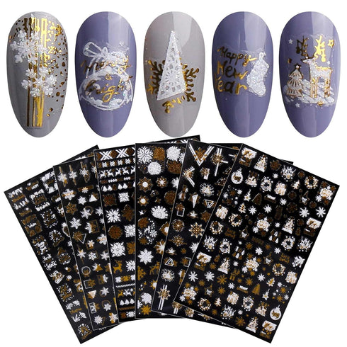 JMEOWIO 8 Sheets Christmas Glitter Nail Art Stickers Decals Self-Adhesive Pegatinas Uñas Snowflake Xmas Winter Holiday Cute Gold White Nail Suppli...