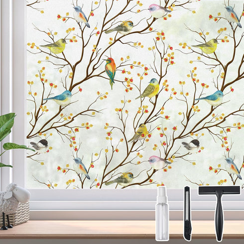 DKTIE Window Privacy Cling Film with Installation Tools, Stained Glass Opaque Non-Adhesive Frosted Bird Coverings Removable for Bathroom Shower Do...