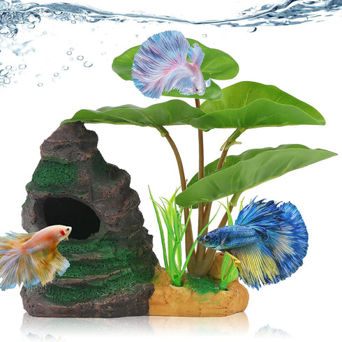 COOSPIDER Betta Fish Leaf Pad Hammock Aquarium Decoration Cichlid Fish Tank Resin Rock Mountain Cave Ornaments Fish Bowl Decorations for Sleeping ...