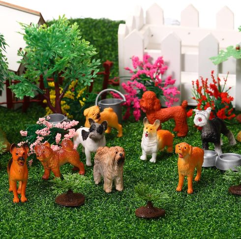 Sratte 26 Pcs Mini Dog Figurines Playset 12 Toy Dogs 9 Model Trees 5 Artificial Flowers Animal Figurines Diorama Supplies for Cake Toppers Toddler...